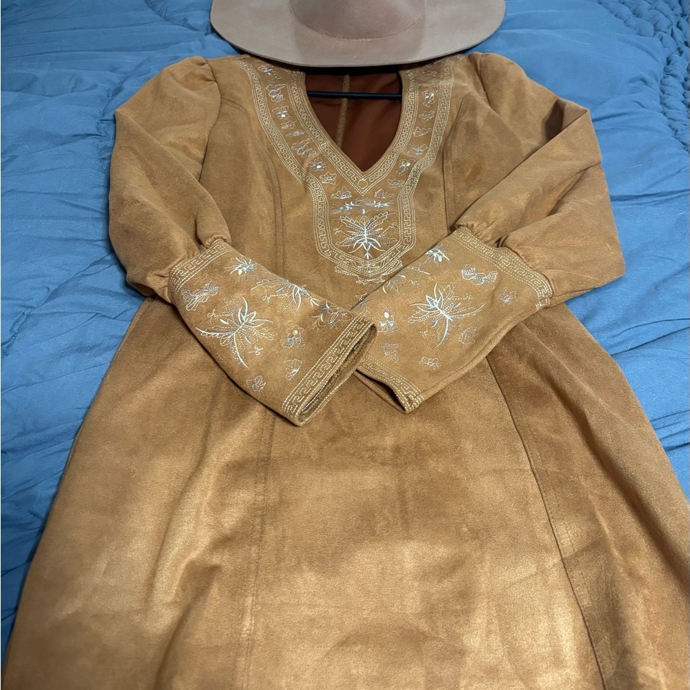 Embroidered Tan Maxi Dress